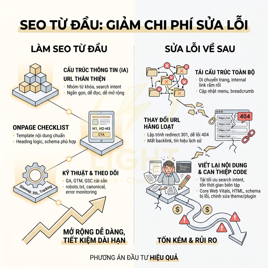 Infographic so sánh làm SEO từ đầu và sửa lỗi SEO về sau, nhấn mạnh chi phí, rủi ro và hiệu quả đầu tư
