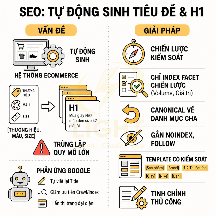 Hướng dẫn SEO tự động sinh tiêu đề và H1 cho website ecommerce, tối ưu index, canonical và template sản phẩm