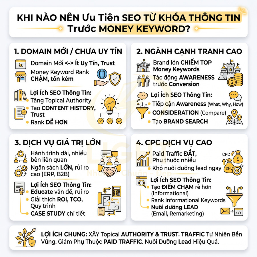 Infographic hướng dẫn khi nào nên ưu tiên SEO từ khóa thông tin trước money keyword để tăng authority và traffic
