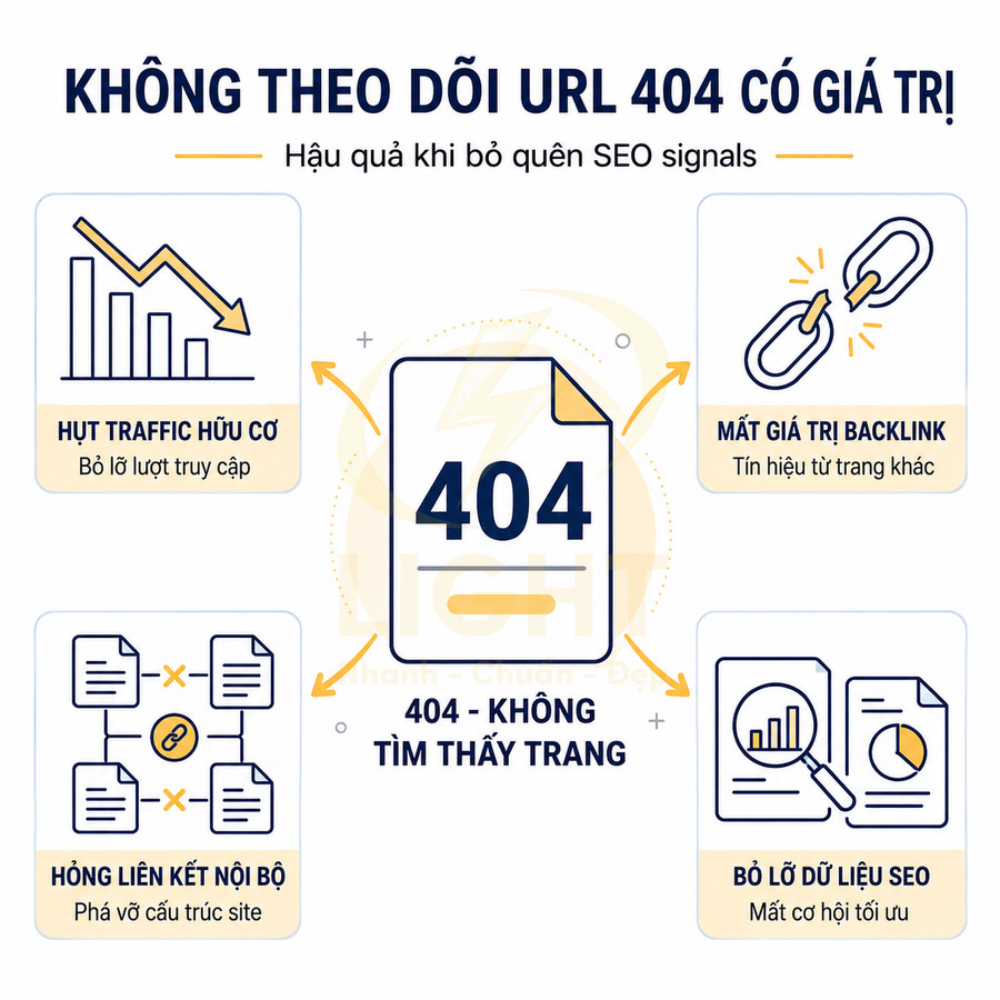 Infographic hậu quả không theo dõi URL 404 gồm hụt traffic, mất backlink, hỏng liên kết nội bộ, bỏ lỡ dữ liệu SEO