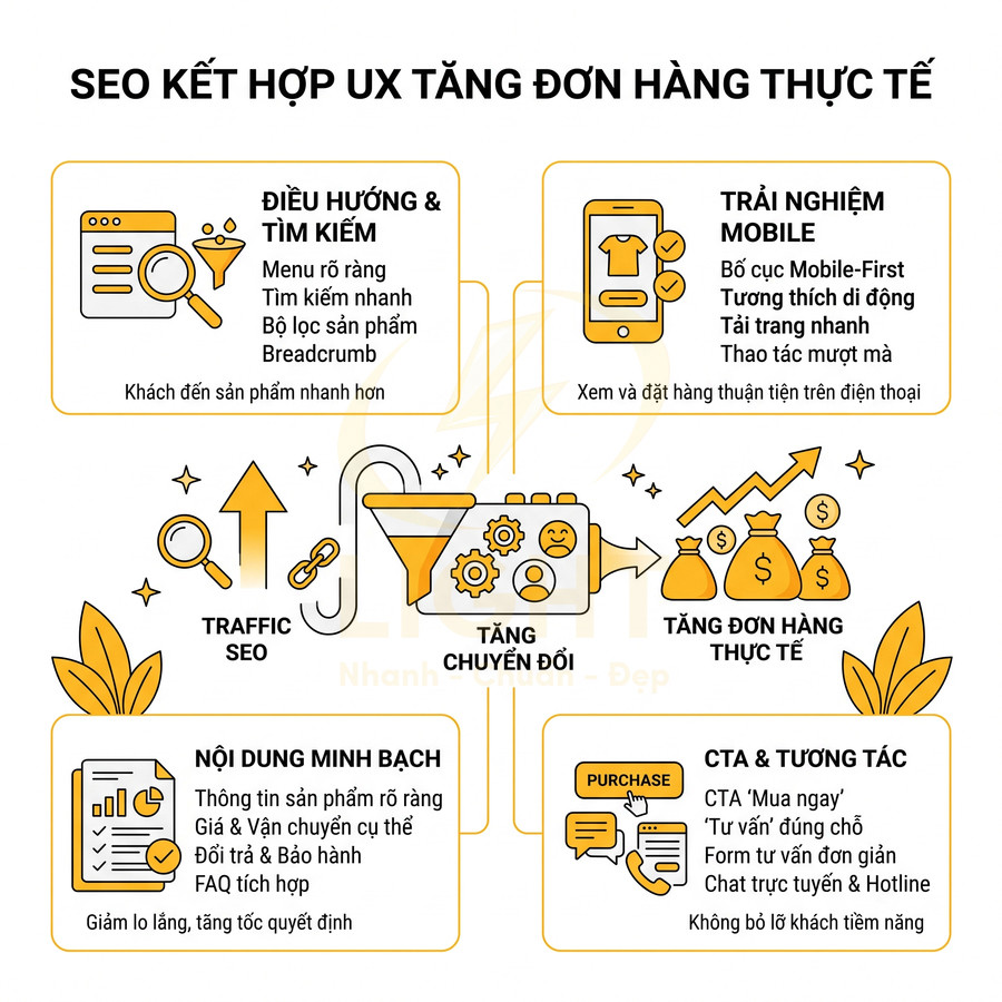 Infographic SEO kết hợp UX với điều hướng, trải nghiệm mobile, nội dung minh bạch và CTA để tăng chuyển đổi, tăng đơn hàng