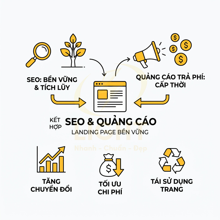 Mô hình kết hợp SEO và quảng cáo trả phí giúp tăng chuyển đổi, tối ưu chi phí và xây dựng landing page bền vững