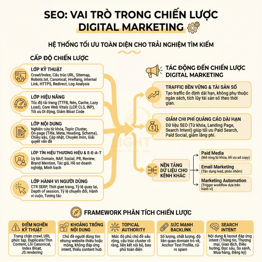 Infographic vai trò của SEO trong chiến lược digital marketing và các lớp tối ưu, framework phân tích chiến lược