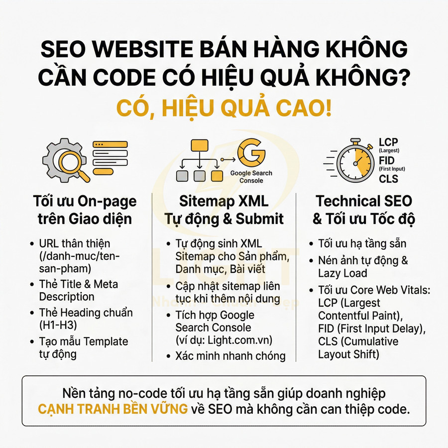 Infographic hướng dẫn tối ưu SEO website bán hàng không cần code với onpage, sitemap XML và technical SEO