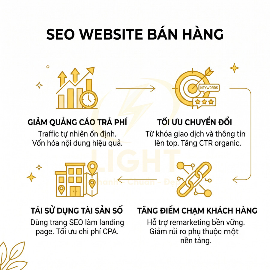 Infographic lợi ích SEO website bán hàng: giảm quảng cáo trả phí, tối ưu chuyển đổi, tái sử dụng tài sản số, tăng điểm chạm khách hàng