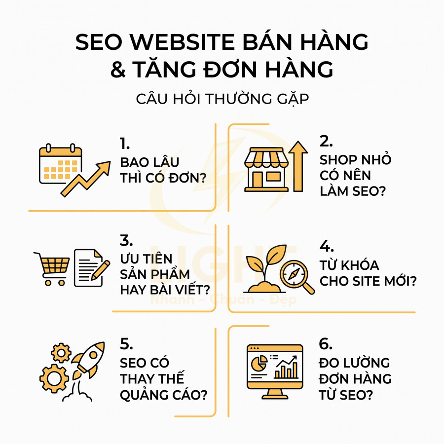 Infographic câu hỏi thường gặp về SEO website bán hàng và tăng đơn hàng cho shop online