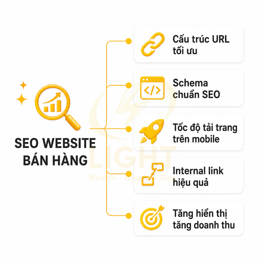 SEO website bán hàng với các yếu tố cấu trúc URL, schema, tốc độ mobile, internal link và tăng hiển thị doanh thu