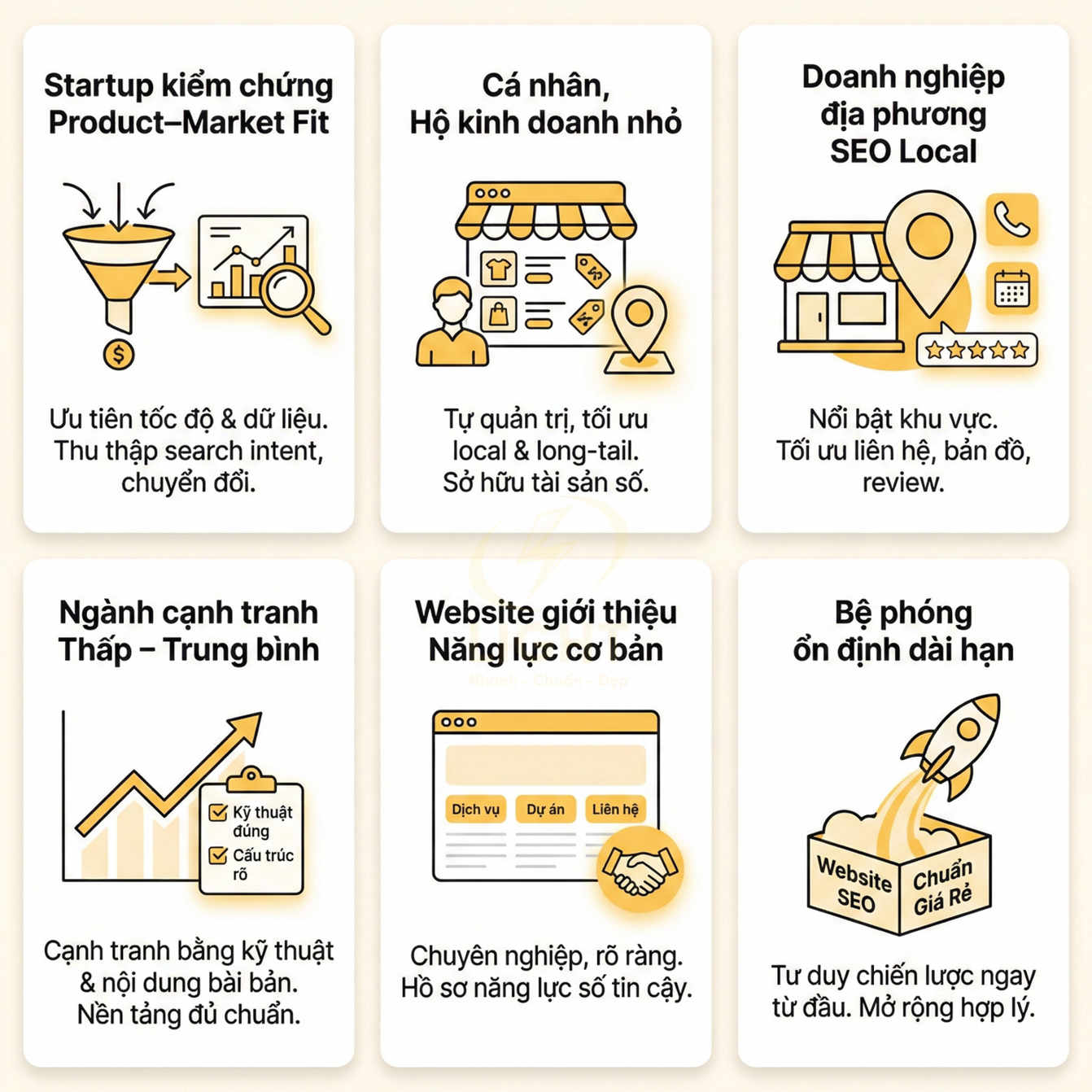 Mô tả các nhóm khách hàng phù hợp dịch vụ SEO website, từ startup, hộ kinh doanh nhỏ đến doanh nghiệp địa phương