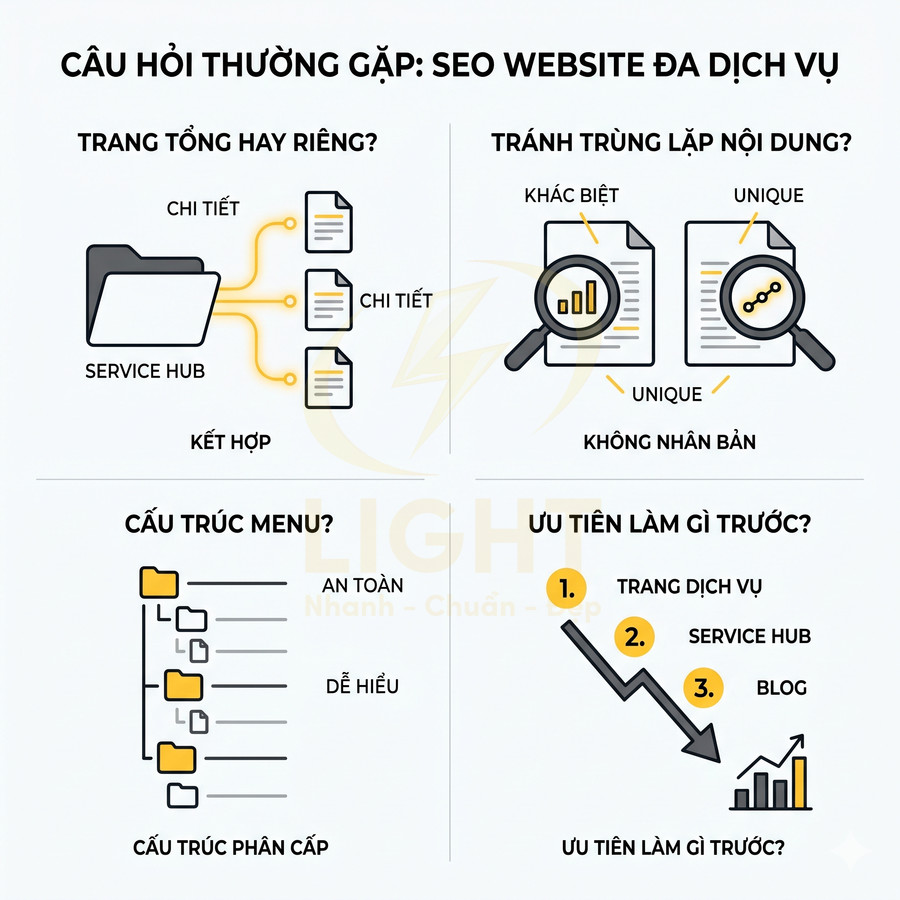 Infographic hướng dẫn SEO website đa dịch vụ với cấu trúc menu phân cấp và ưu tiên tối ưu trang dịch vụ