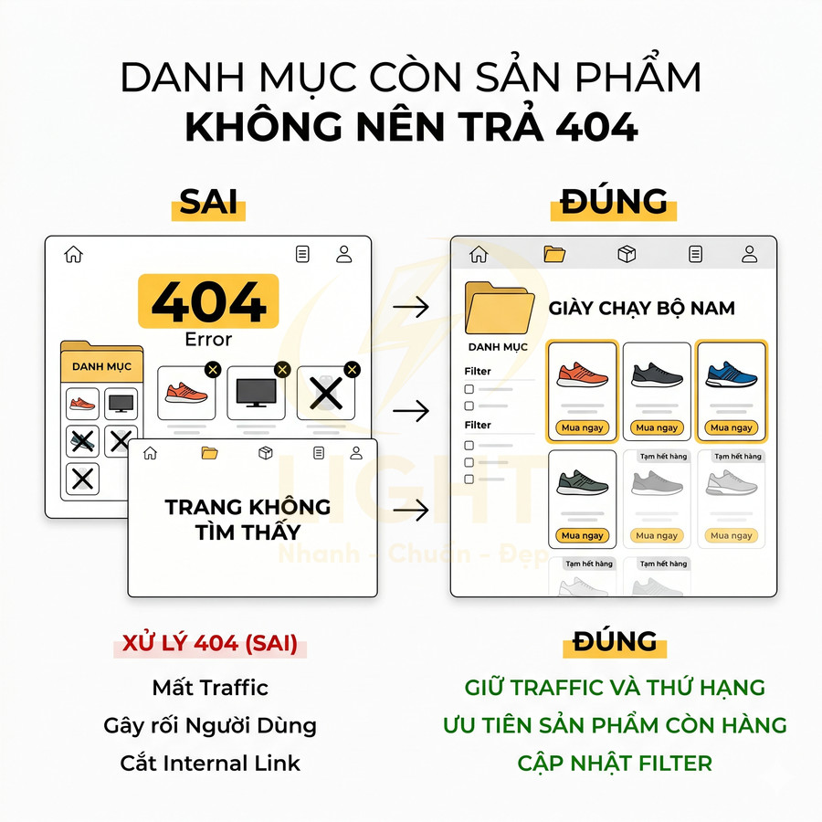 Minh họa cách xử lý danh mục sản phẩm còn hàng không trả lỗi 404 để giữ traffic và trải nghiệm người dùng