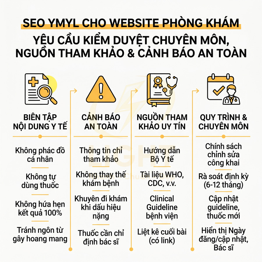 Infographic SEO YMYL cho website phòng khám với yêu cầu kiểm duyệt nội dung y tế, nguồn tham khảo và cảnh báo an toàn