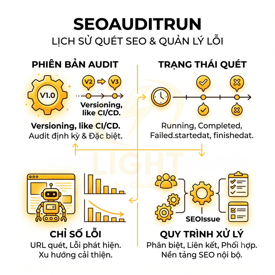 Infographic SEOAUDITRUN giới thiệu lịch sử quét SEO, quản lý lỗi, chỉ số lỗi và quy trình xử lý SEO