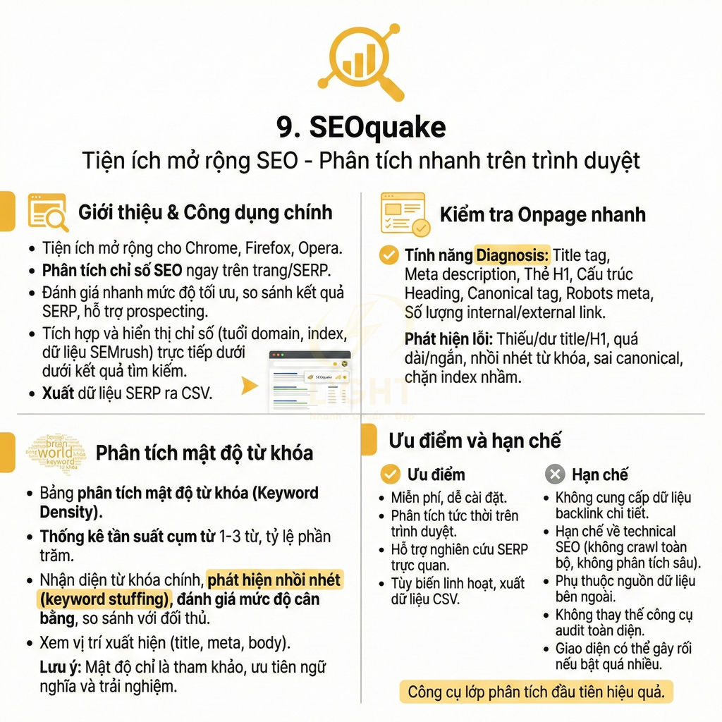 Tiện ích SEOquake phân tích SEO nhanh trên trình duyệt, kiểm tra onpage, mật độ từ khóa và xuất dữ liệu SERP