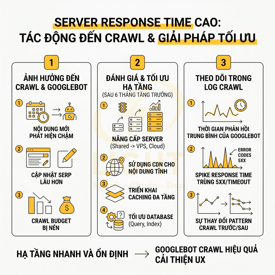Infographic server response time cao ảnh hưởng crawl Googlebot và giải pháp tối ưu hạ tầng, CDN, caching, database