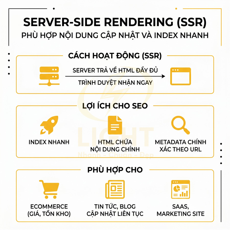 Infographic giới thiệu server side rendering SSR, cách hoạt động, lợi ích SEO và ứng dụng cho ecommerce, blog, SaaS