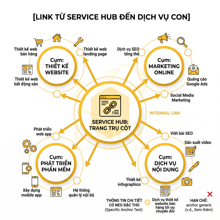 Sơ đồ Service Hub trang trụ cột liên kết các dịch vụ thiết kế website, marketing online, phát triển phần mềm và dịch vụ nội dung