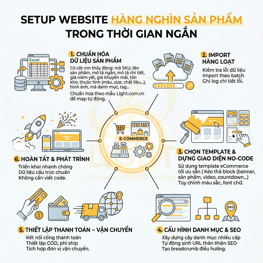 Infographic quy trình setup website bán hàng nghìn sản phẩm nhanh với chuẩn hóa dữ liệu, import, giao diện, SEO, thanh toán, vận chuyển