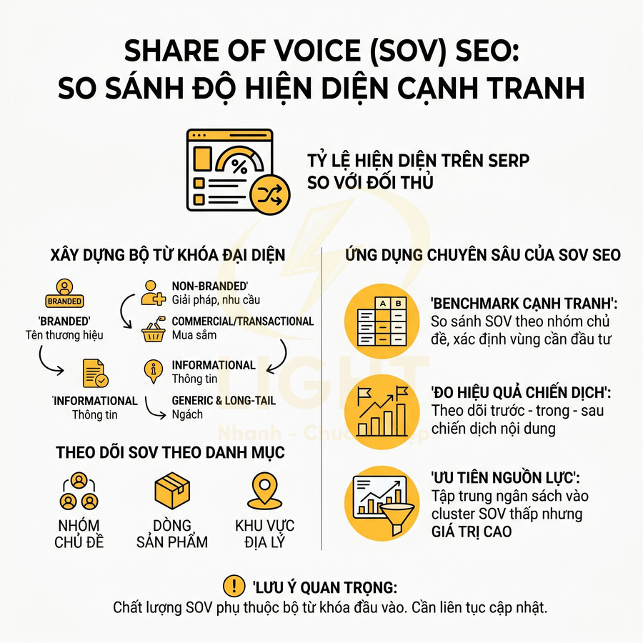 Infographic giải thích Share of Voice SOV SEO, cách xây dựng bộ từ khóa và ứng dụng đo lường hiệu quả chiến dịch