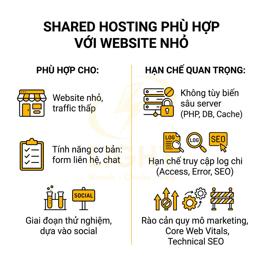 Shared hosting cho website nhỏ, liệt kê ưu điểm và hạn chế về tính năng, tùy biến server, log và SEO