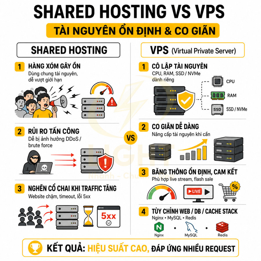 So sánh shared hosting và VPS về tài nguyên, bảo mật, hiệu suất và khả năng mở rộng cho website