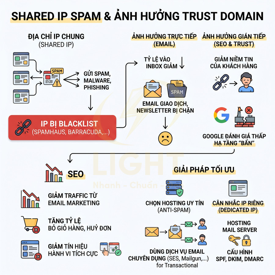 Shared IP spam và ảnh hưởng đến trust domain, SEO, email marketing cùng các giải pháp tối ưu hosting và IP riêng