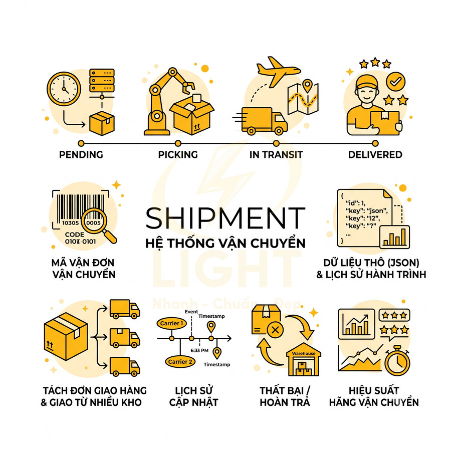 Infographic hệ thống vận chuyển hàng hóa với các bước xử lý đơn, mã vận đơn, lịch sử cập nhật và hiệu suất hãng vận chuyển