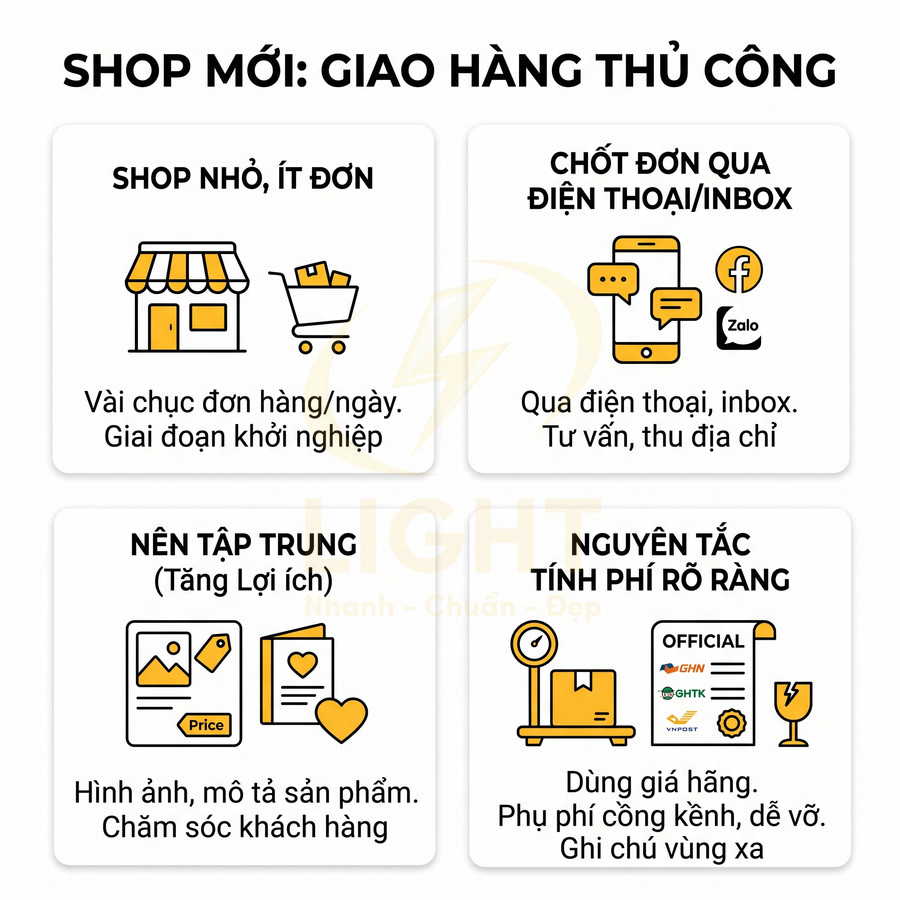 Infographic hướng dẫn shop mới giao hàng thủ công, tập trung chốt đơn qua điện thoại và chăm sóc khách hàng