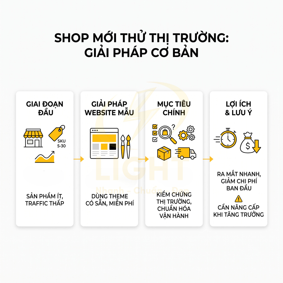 Giải pháp website mẫu cho shop mới thử thị trường, dùng theme có sẵn để ra mắt nhanh và giảm chi phí ban đầu