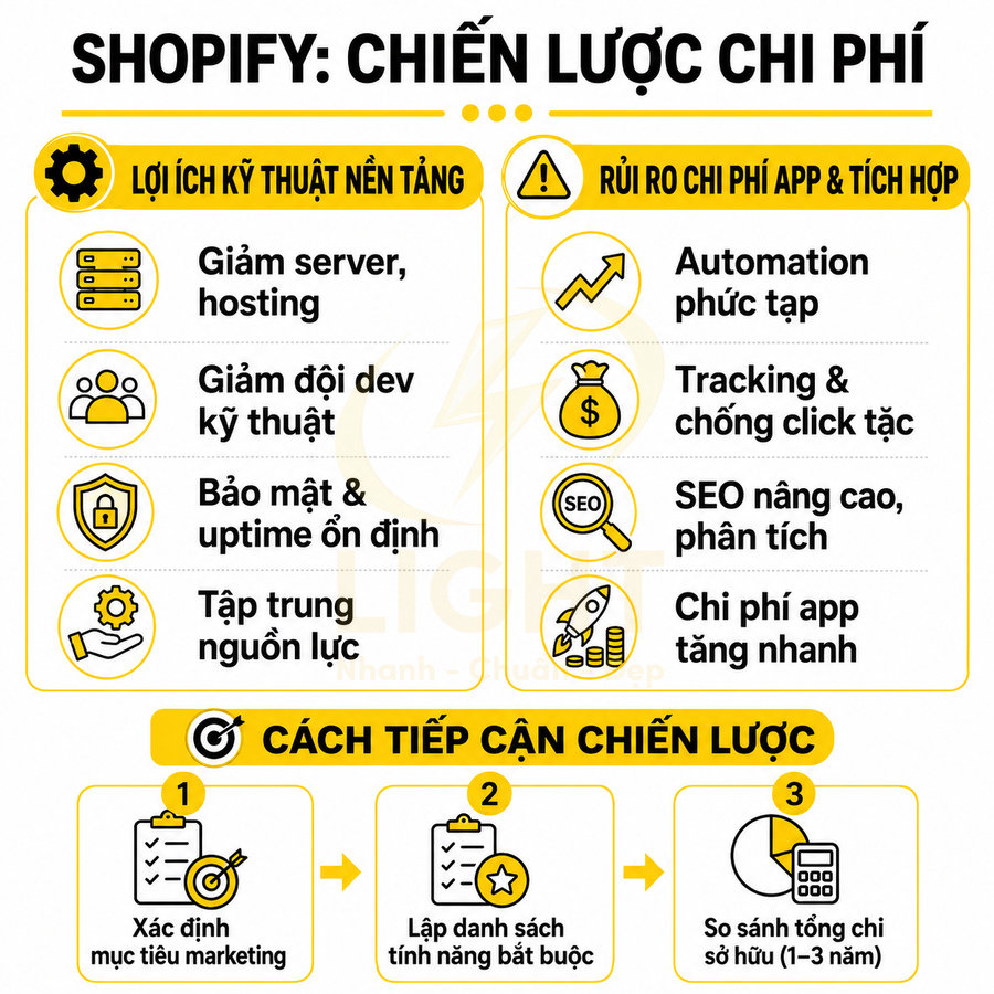 Infographic chiến lược chi phí Shopify, nêu lợi ích kỹ thuật, rủi ro chi phí app và cách tiếp cận tối ưu ngân sách