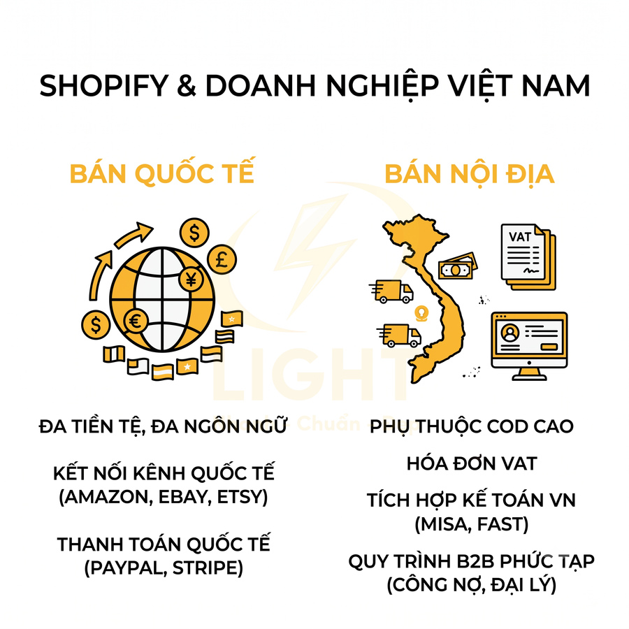 So sánh bán quốc tế và bán nội địa cho doanh nghiệp Việt Nam trên Shopify với các yêu cầu thanh toán và kế toán