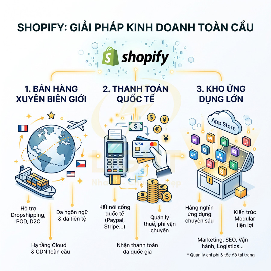 Giải pháp kinh doanh toàn cầu Shopify với bán hàng xuyên biên giới, thanh toán quốc tế và kho ứng dụng lớn