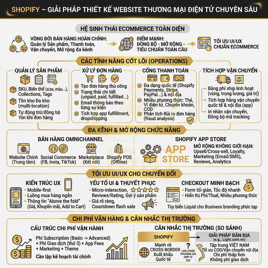 Infographic giới thiệu giải pháp thiết kế website thương mại điện tử Shopify và hệ sinh thái bán hàng online toàn diện