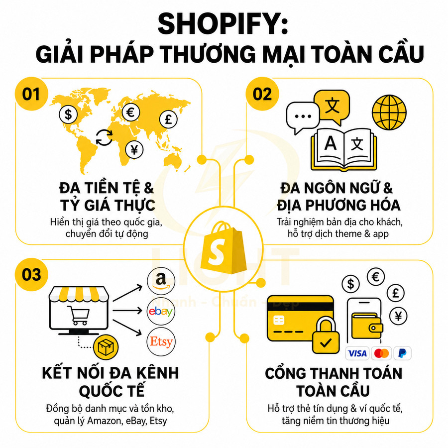 Infographic Shopify giới thiệu giải pháp thương mại toàn cầu với đa tiền tệ, đa ngôn ngữ, đa kênh và cổng thanh toán quốc tế