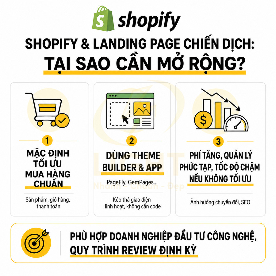 Infographic Shopify giải thích lý do cần mở rộng landing page chiến dịch và tối ưu mua hàng, theme, chi phí, tốc độ website