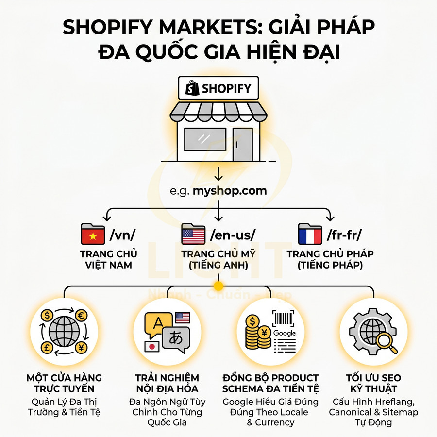 Mô hình Shopify Markets cho phép một cửa hàng myshop.com phục vụ nhiều quốc gia với ngôn ngữ và tiền tệ riêng