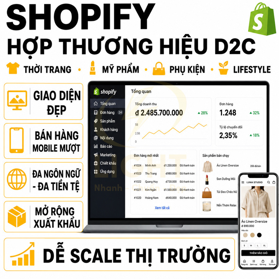Giao diện quản lý bán hàng Shopify trên laptop và điện thoại, nổi bật tính năng cho thương hiệu D2C thời trang và mỹ phẩm