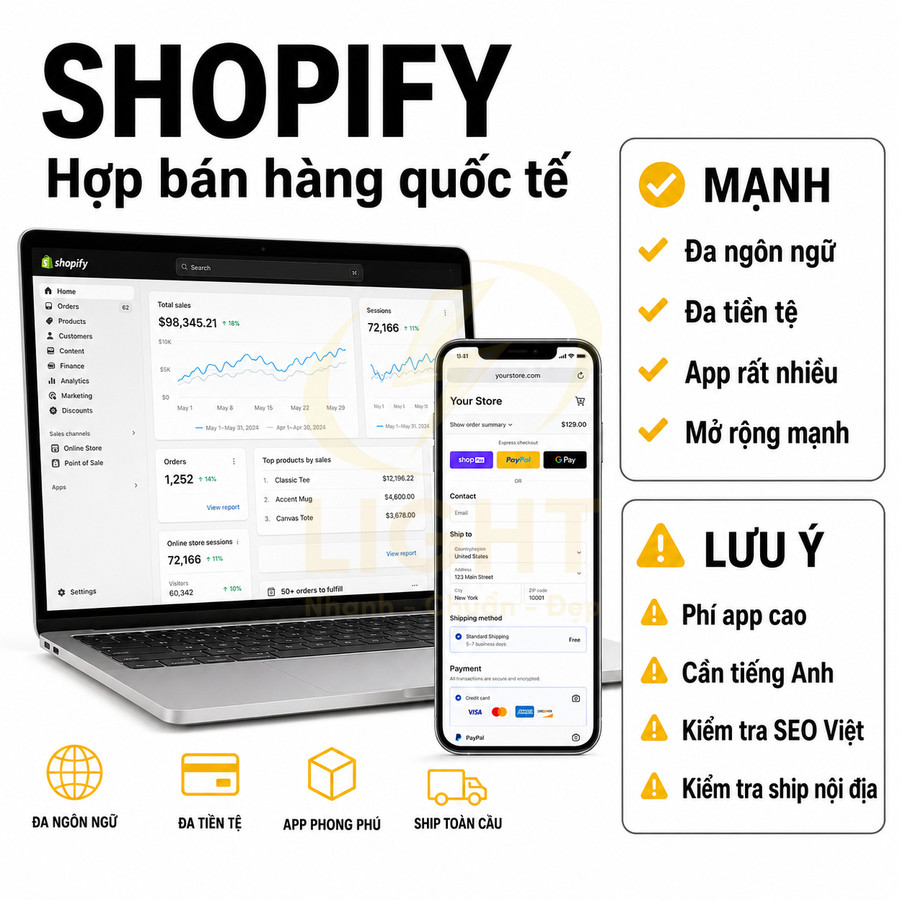 Giao diện quản lý bán hàng Shopify trên laptop và điện thoại, giới thiệu ưu điểm và lưu ý khi bán hàng quốc tế