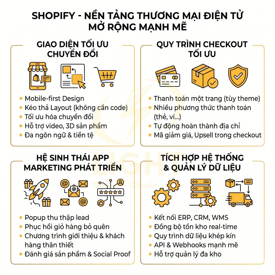 Infographic giới thiệu các tính năng nổi bật của nền tảng thương mại điện tử Shopify