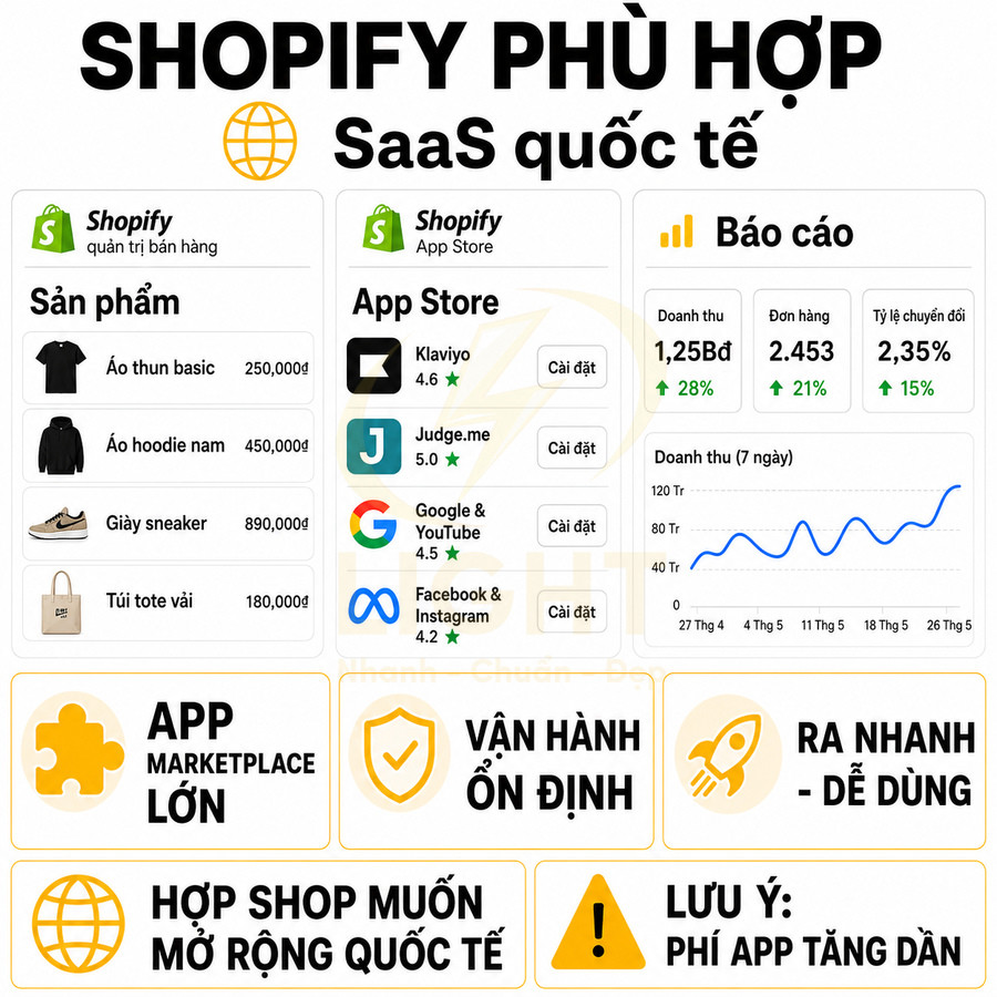 Infographic giới thiệu Shopify cho shop quốc tế với ví dụ sản phẩm, app store và báo cáo doanh thu