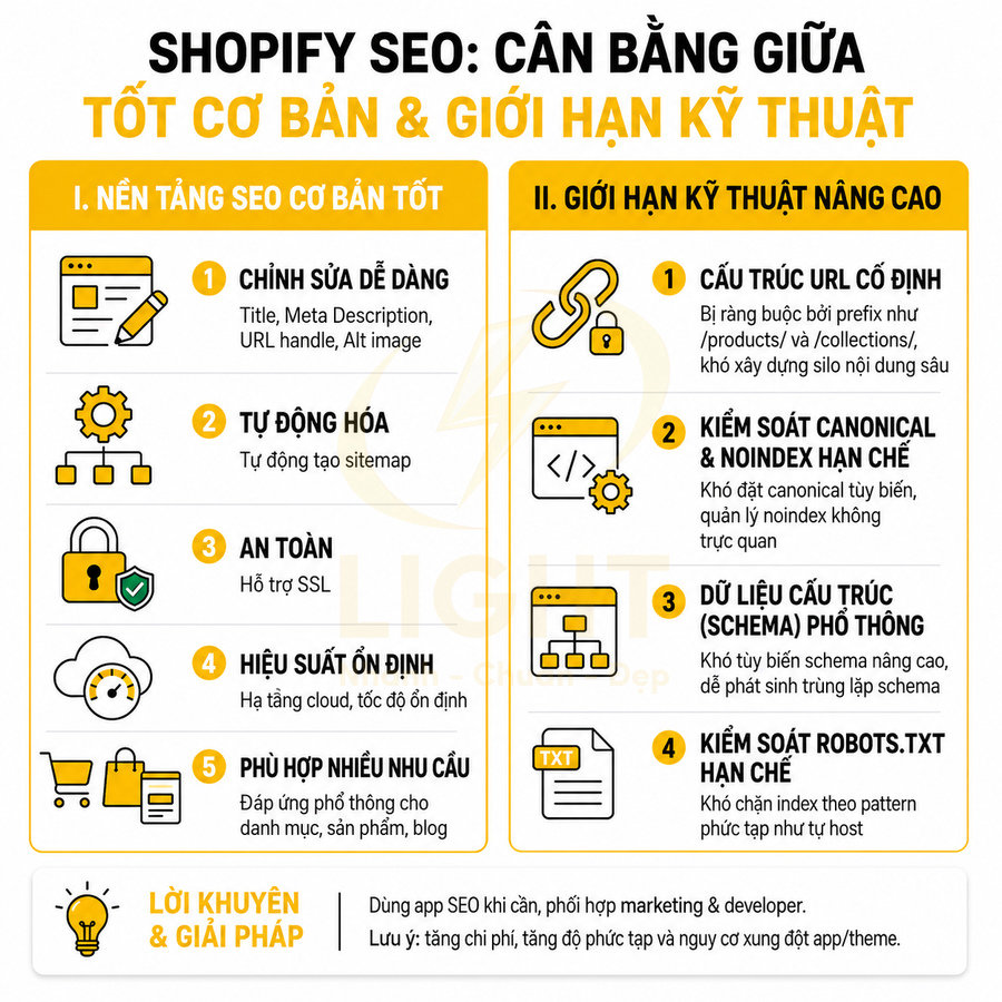 Infographic Shopify SEO cân bằng giữa nền tảng SEO cơ bản tốt và giới hạn kỹ thuật nâng cao