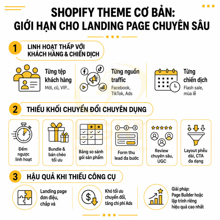 Infographic giới thiệu hạn chế của Shopify theme cơ bản cho landing page và gợi ý giải pháp Page Builder