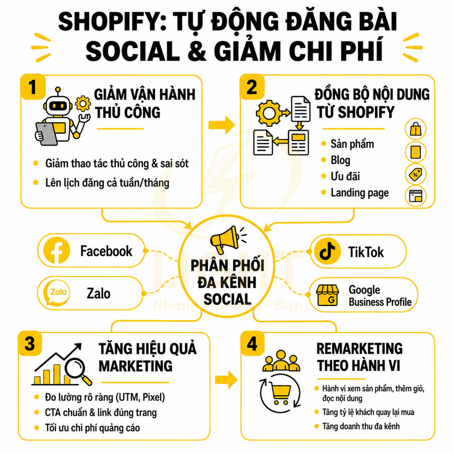 Infographic Shopify tự động đăng bài social, phân phối đa kênh Facebook TikTok Zalo Google Business Profile
