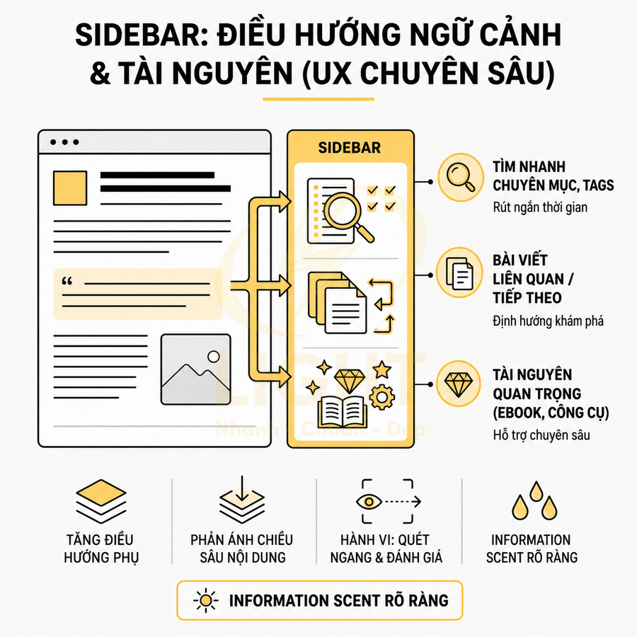 Infographic về sidebar điều hướng ngữ cảnh và tài nguyên trong UX, nêu lợi ích tìm nhanh, bài viết liên quan và tài nguyên quan trọng