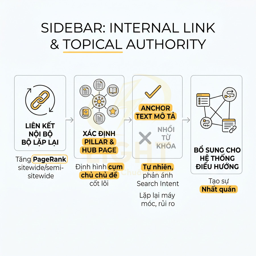 Sơ đồ sidebar internal link và topical authority với các bước liên kết nội bộ, pillar page, anchor text và điều hướng site