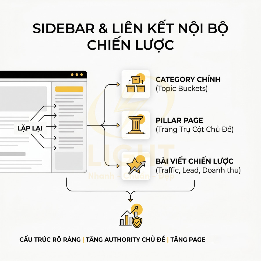 Mô hình sidebar và liên kết nội bộ chiến lược với category chính, pillar page và bài viết chiến lược