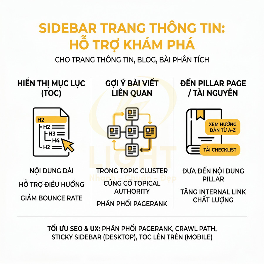 Mô tả sidebar trang thông tin hỗ trợ khám phá với mục lục TOC, bài viết liên quan và link đến pillar page tài nguyên