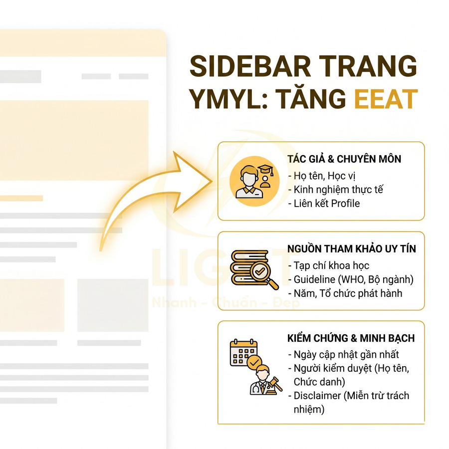 Mẫu sidebar trang YMYL tối ưu EEAT với thông tin tác giả, nguồn tham khảo uy tín và kiểm chứng minh bạch