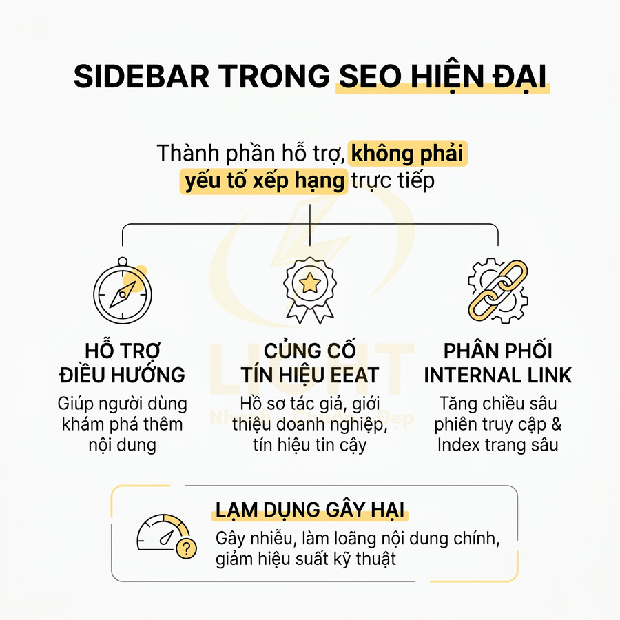 Minh họa vai trò sidebar trong SEO hiện đại với các lợi ích điều hướng, EEAT, internal link và cảnh báo lạm dụng