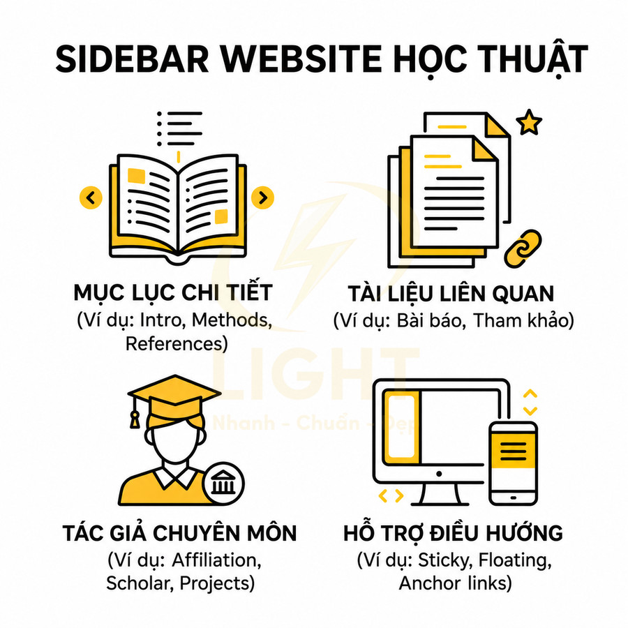 Minh họa sidebar website học thuật với mục lục chi tiết, tài liệu liên quan, tác giả chuyên môn và công cụ hỗ trợ điều hướng