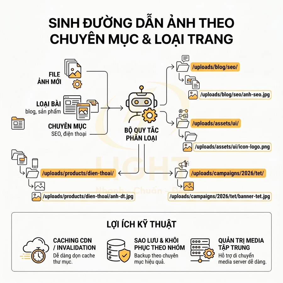 Sơ đồ hệ thống tự động phân loại và sinh đường dẫn lưu trữ ảnh theo chuyên mục và loại trang web